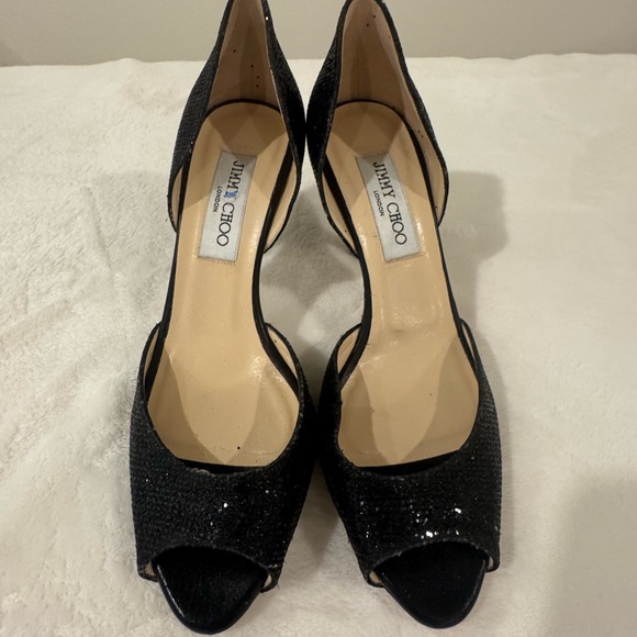 Jimmy Choo Shoes - Jimmy Choo Glitter Black Peep Toe Heels